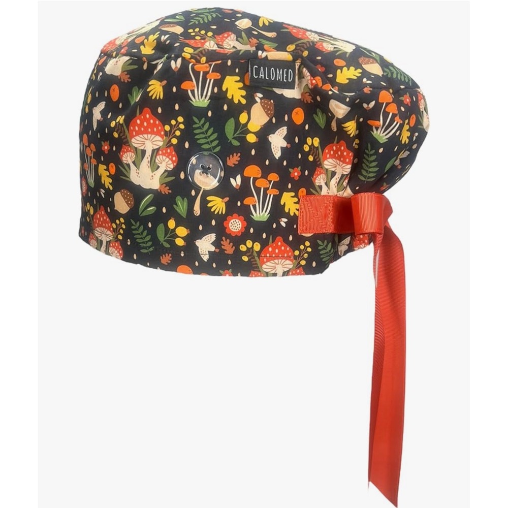 Calomed Scrub Cap Adjustable Ties Mushrooms and Leaves on Black